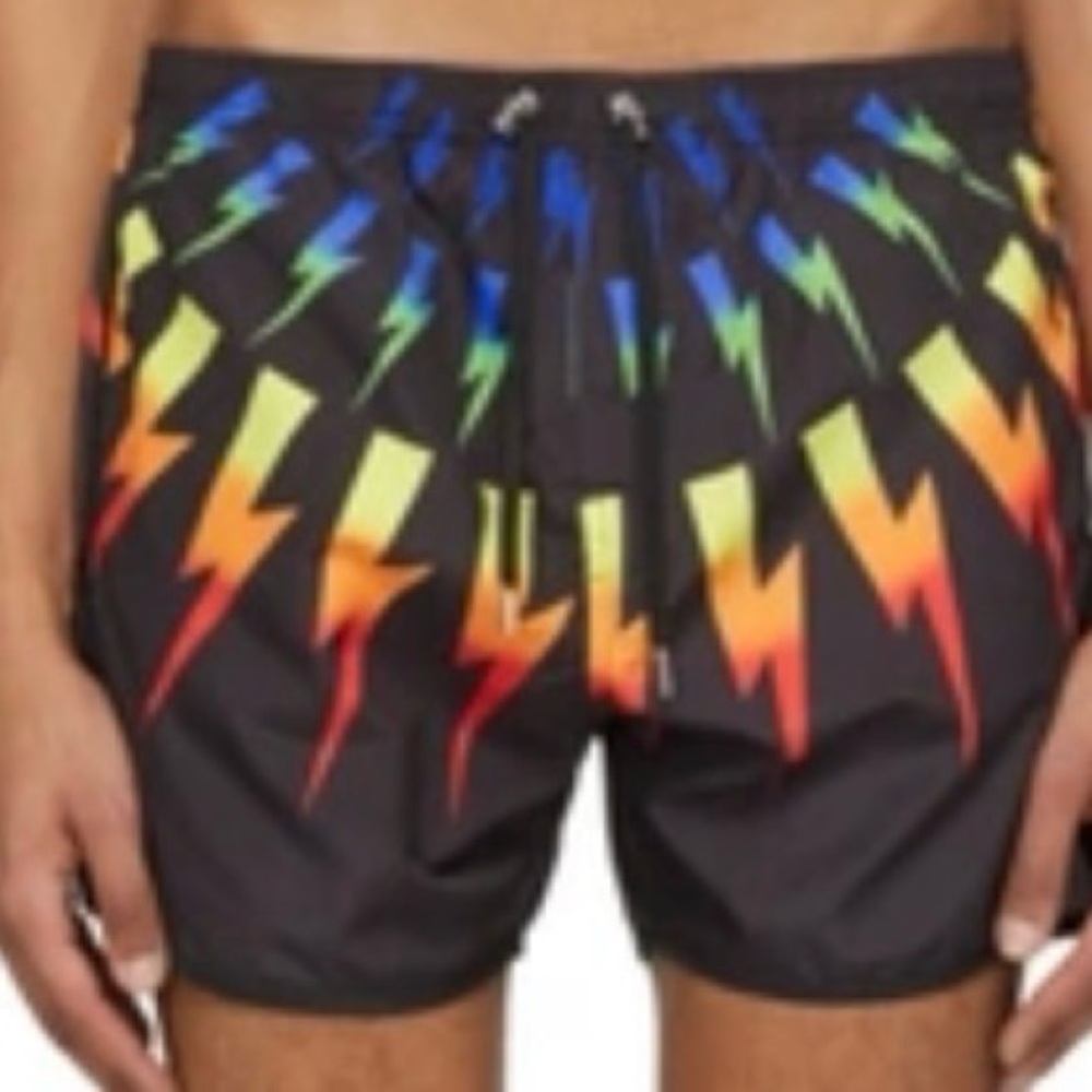 Neil Barrett Rainbow Fair Isle Swim Trunks with Multicolored lightning bolts (L)